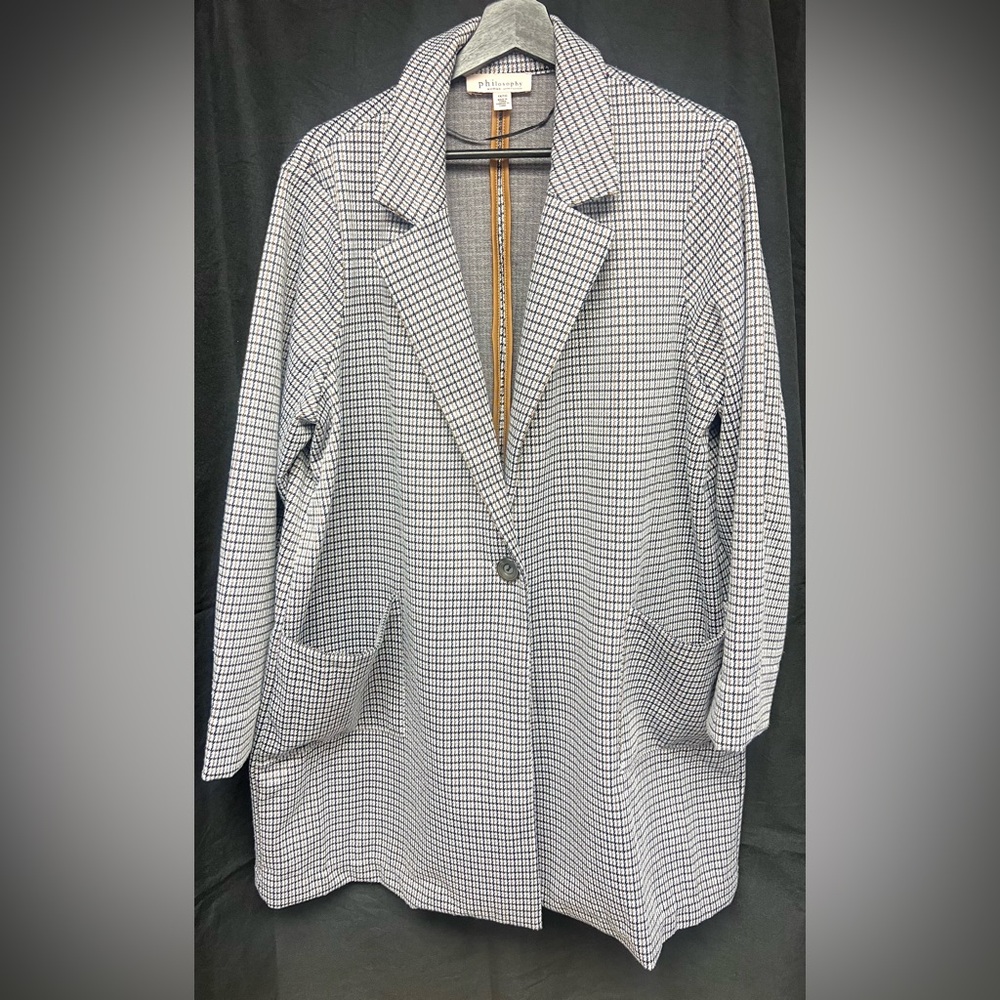 Philosophy-‎ Houndstooth Long Blazer w/Button, Size:1X